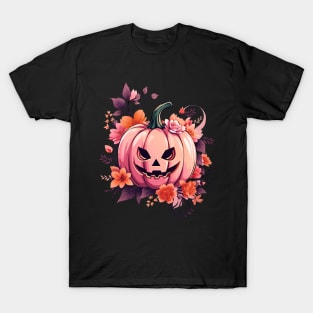 Whimsical Halloween pink Pumpkin, Pink Pumpkin face, with floral and orange flowers, cute Halloween T-Shirt